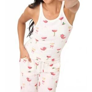NEW PJ SALVAGE lets get toasty holiday wine print tank top in ivory